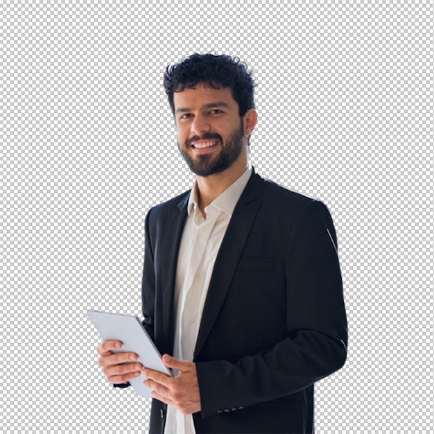 Empresario con una tableta y una sonrisa