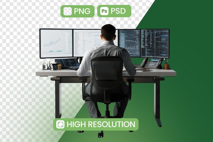 PSD empresario trabaja en el escritorio con múltiples monitores centrándose en el análisis de datos y la productividad con la configuración de la oficina