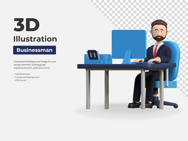 Empresario trabajando frente a la ilustración de personajes 3d de la computadora