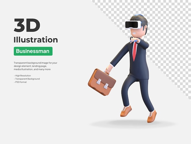 Empresário usando fone de ouvido de realidade virtual para ilustração 3d de personagem de trabalho