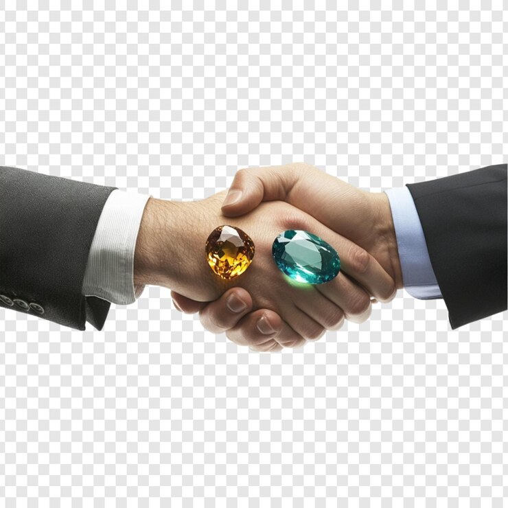 PSD empresarios estrechando la mano con piedras preciosas que simbolizan un acuerdo exitoso