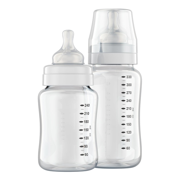 empty baby bottles 3d rendering isolated on transparent background