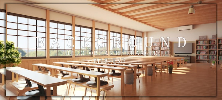 PSD empty classroom with wooden desks and windows