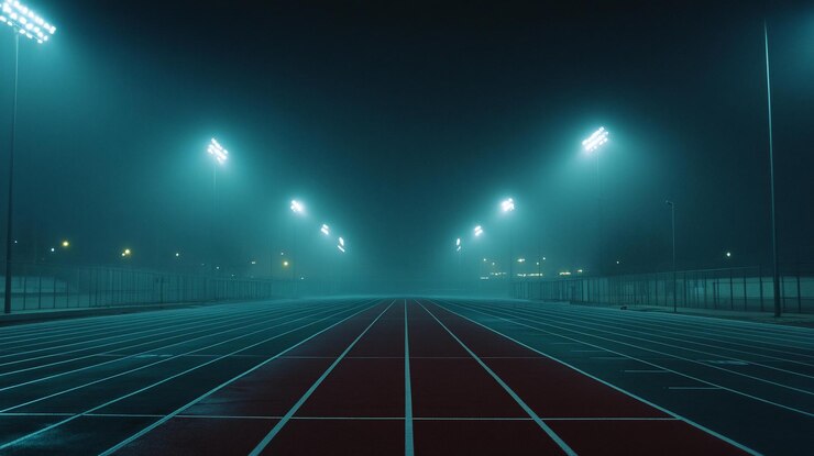 PSD empty running track at night lit by spotlights fogged