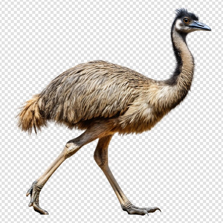 PSD un emu de cuerpo completo de pie alto mostrando sus largas patas largas y plumas marrones aisladas en un fondo transparente