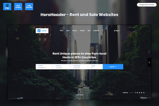 PSD encabezado de hero para sitios web de alquiler y venta