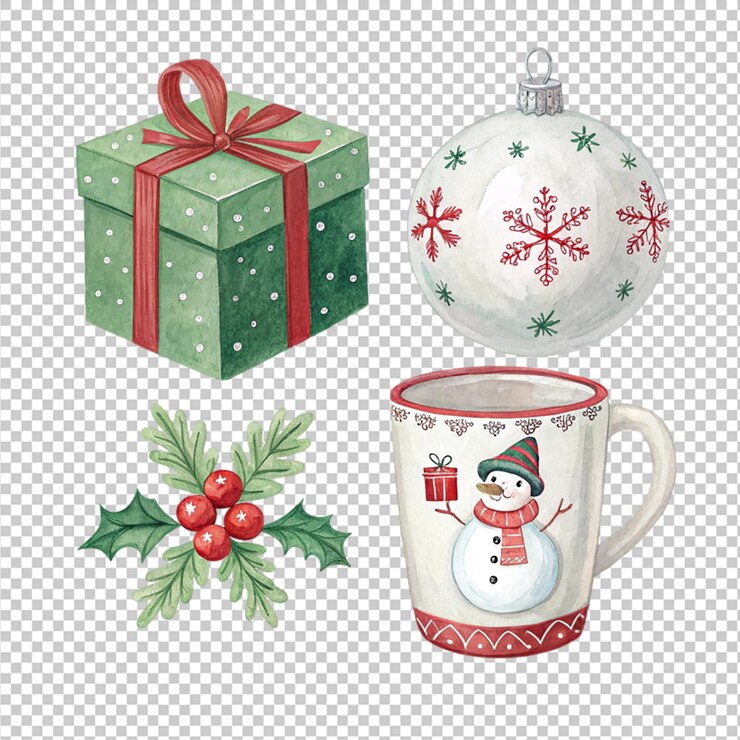PSD encantador acuarela de navidad conjunto de regalos ornamento taza copa de holly bola de arte roja linda verde blanco