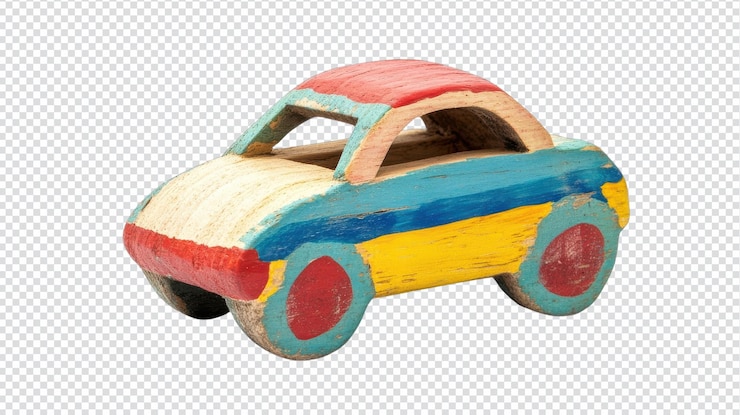 PSD un encantador coche de juguete de madera pintado a mano aislado sobre un fondo blanco ideal para niños colección de juguetes artesanías o proyectos de decoración vintage