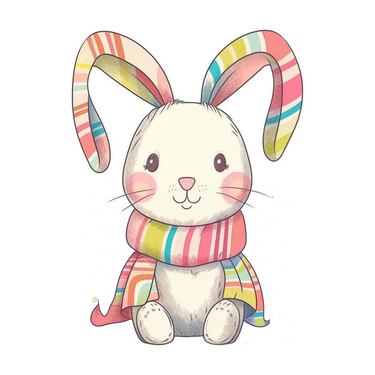 PSD encantador conejo de dibujos animados con orejas decoradas y accesorios festivos ideal para impresiones navideñas, artículos infantiles o diseños con temas de pascua