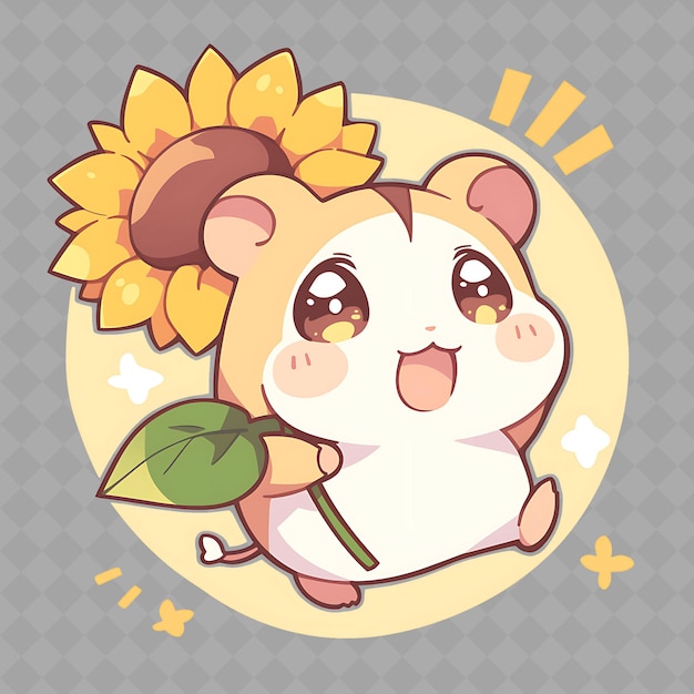 PSD encantador e kawaii anime hamster boy com um girassol com png creative cute sticker collection