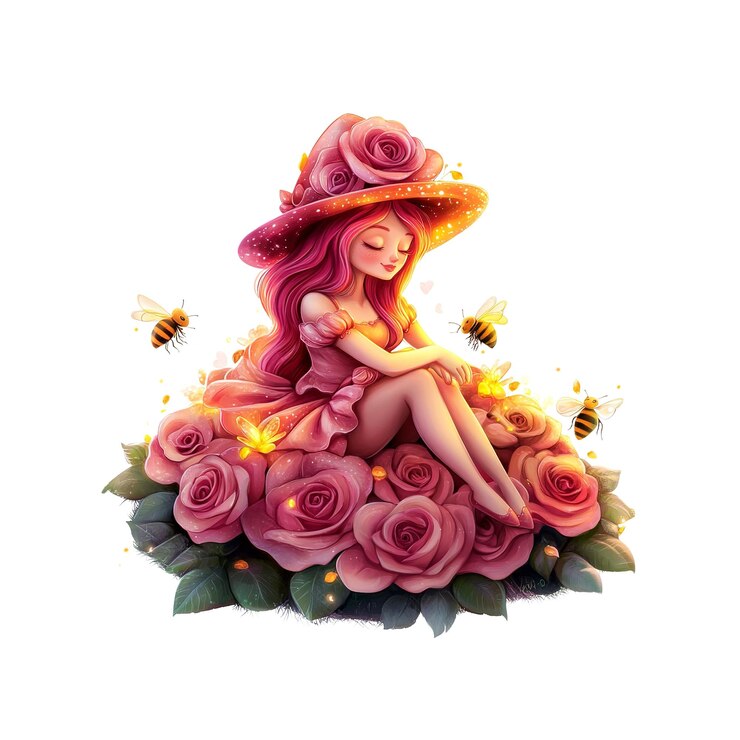 PSD el encantador hada de la rosa con un sombrero floral rodeada de abejas