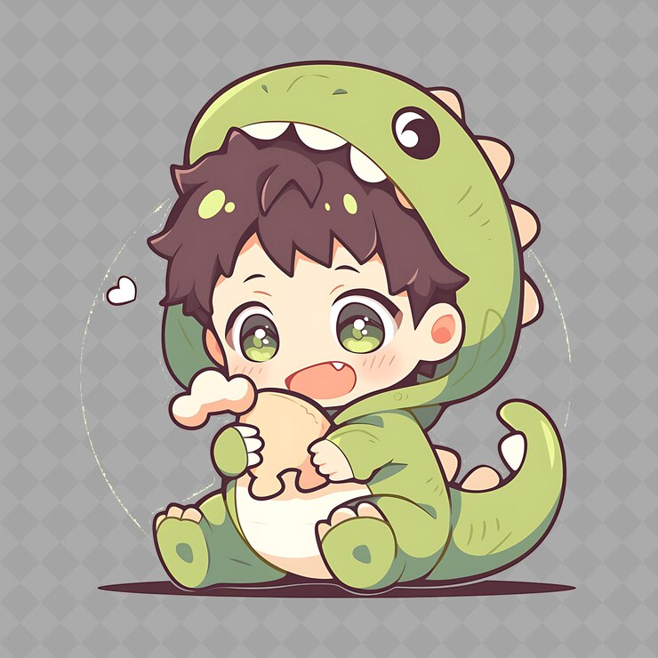 PSD encantador y kawaii anime niño dinosaurio con cola de dinosaurio una colección de pegatinas creativas de png