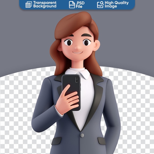 Encantador personaje 3d una mujer alegre agarrando un teléfono móvil verdadero icono