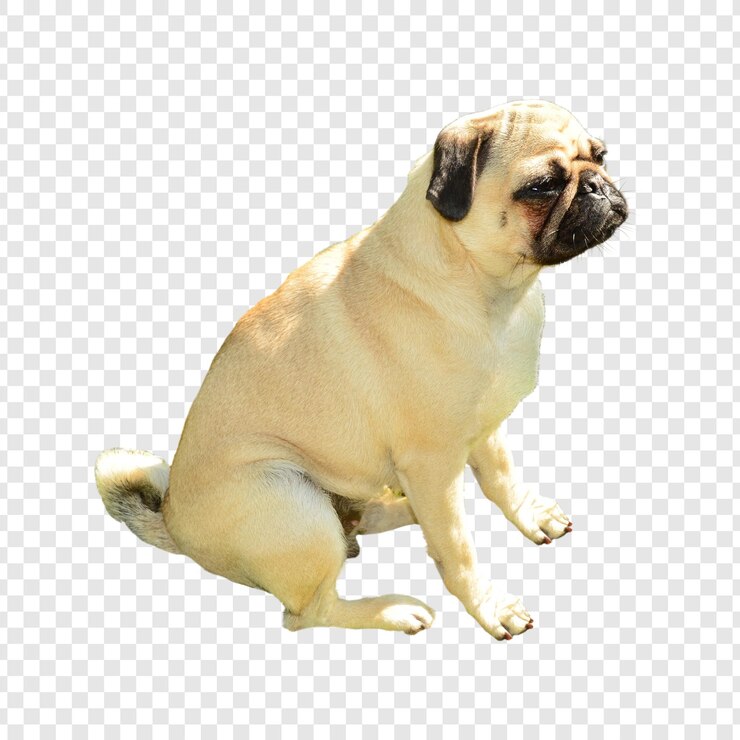 Un encantador pug sentado y mirando hacia el lado