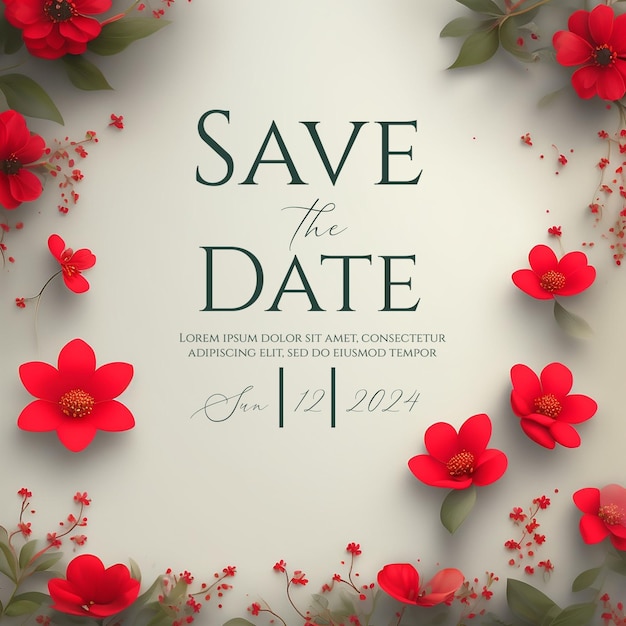 PSD encantador vermelho escuro floral convite de casamento para uma noite romântica pastel círculo floral moldura save