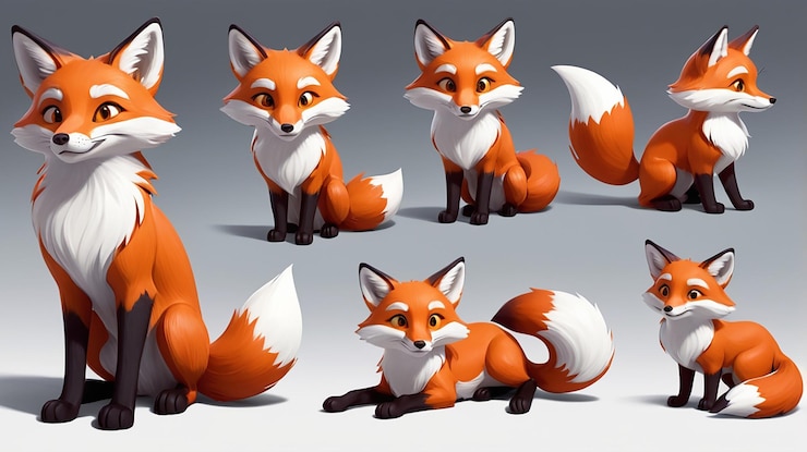 PSD el encantador zorro de dibujos animados con expresiones lúdicas sentado, acostado y de pie en poses simpáticas e inteligentes