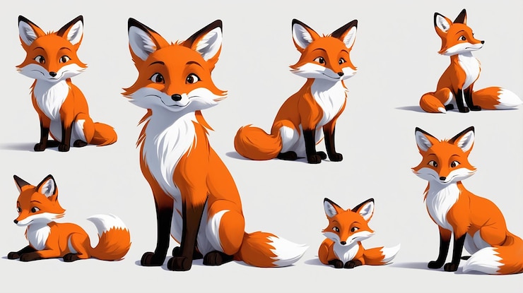 PSD el encantador zorro de dibujos animados con expresiones lúdicas sentado, acostado y de pie en poses simpáticas e inteligentes