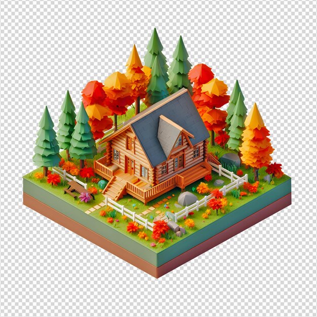 PSD una encantadora cabaña en el bosque rodeada de un vibrante follaje de otoño se representa en una escena isométrica en 3d
