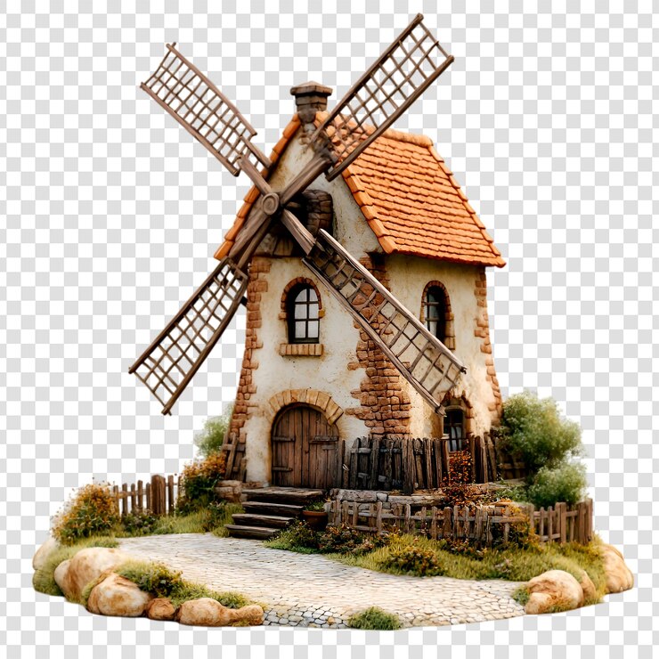 PSD encantadora casa de molino de viento en miniatura escena idílica camino de piedra rústico