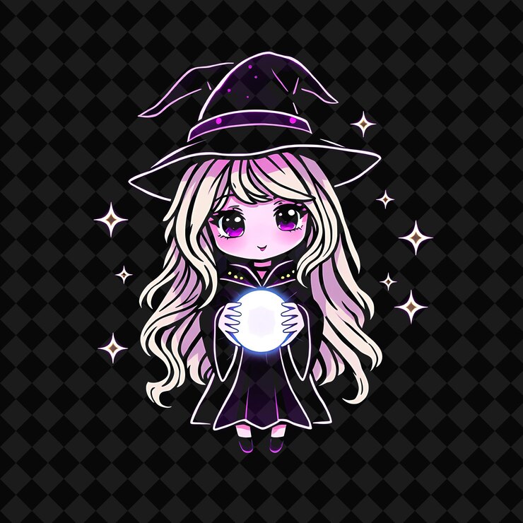 PSD la encantadora chica chibi con el cabello largo y ondulado, las brujas vestidas con bolas de cristal brillantes, neón y ametista.