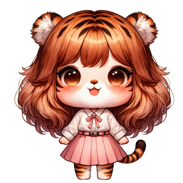 PSD una encantadora chica chibi tigre con una blusa blanca y una falda rosa