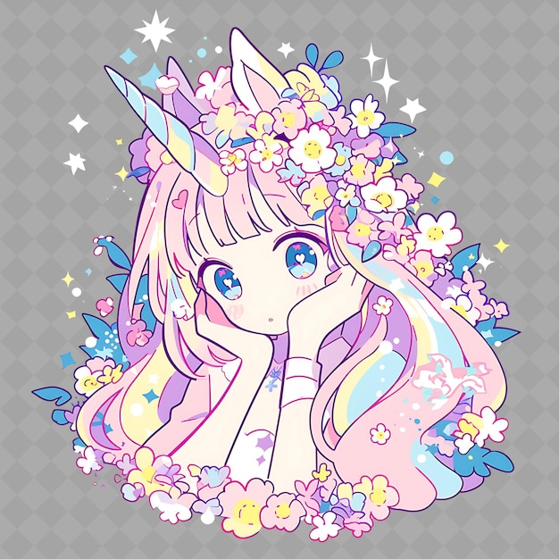 PSD encantadora y kawaii anime niña unicornio con cuerno de unicornio una colección de pegatinas creativas de png