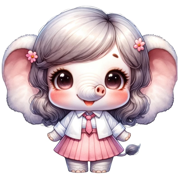 PSD una encantadora niña chibi elefante con una blusa blanca y una falda rosa