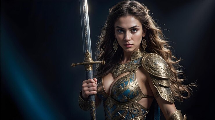 PSD una encantadora princesa guerrera gótica con una armadura azul papel tapiz de personaje de juego papel tapiz pinup