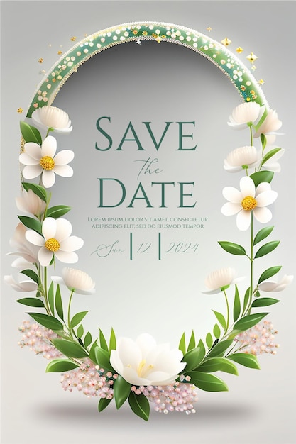 PSD encantadora tarjeta de save the date con flores de primavera y vegetación elegancia botánica invitación de boda