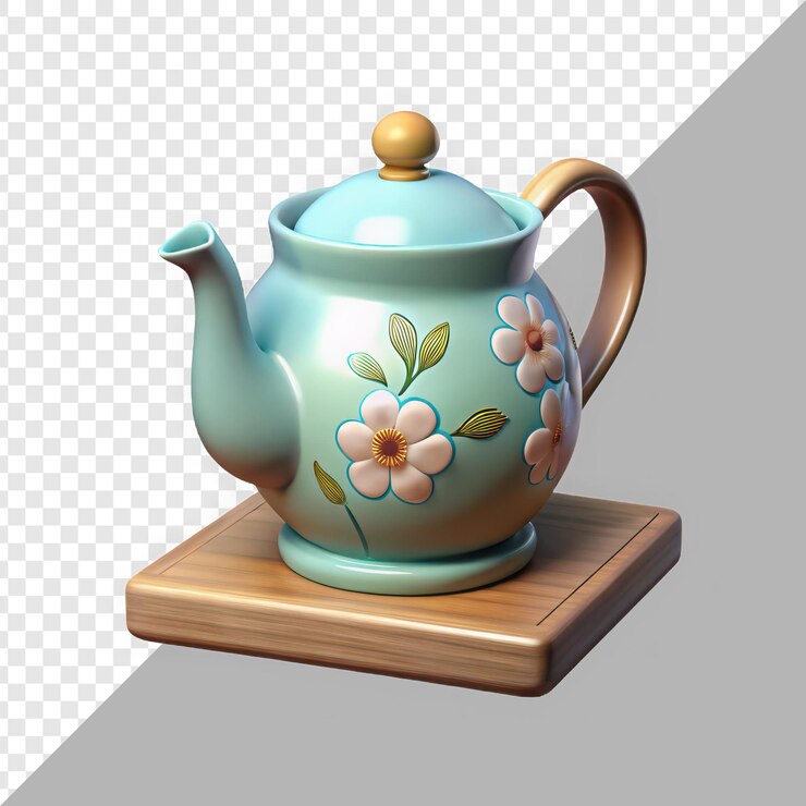 PSD encantadora tetera de cerámica azul con diseños florales en una bandeja de madera para una acogedora atmósfera de cocina