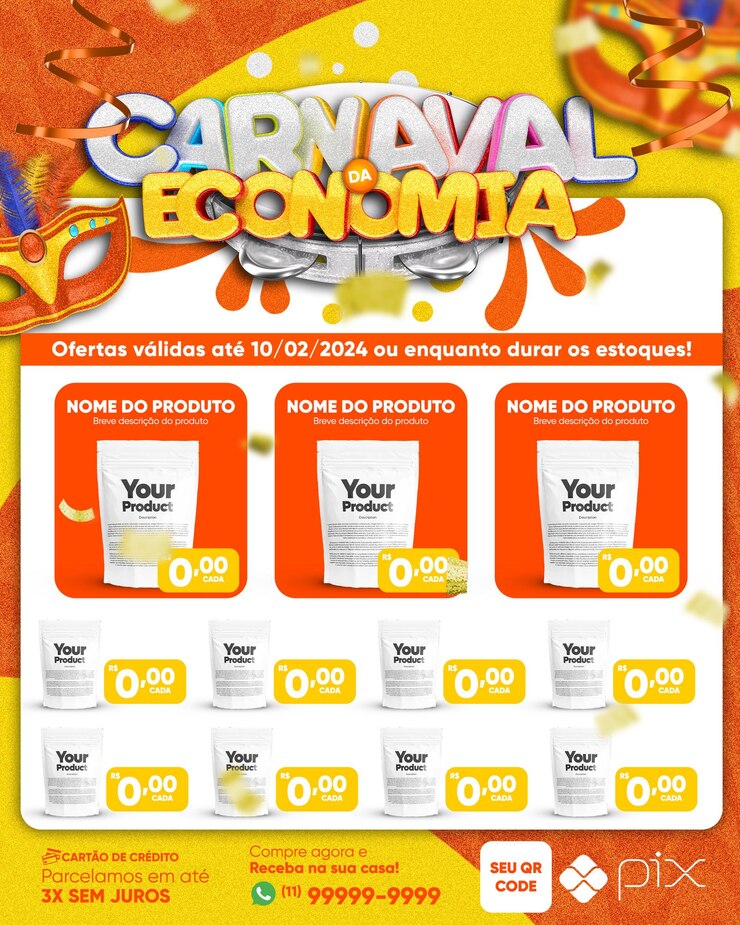 PSD encarte carnaval da economia modelo de mídia social em português brasileiro
