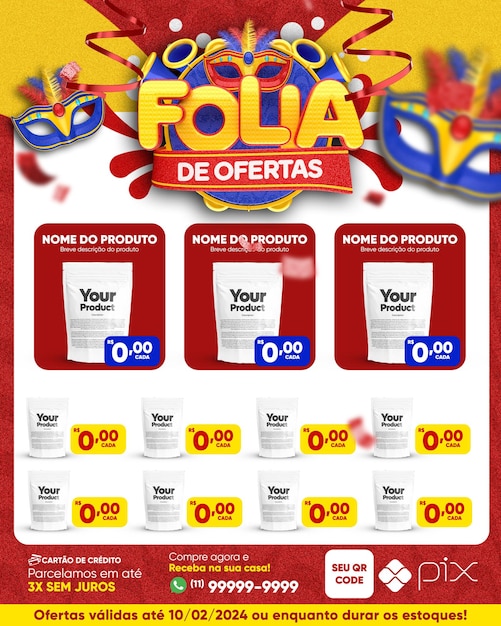 PSD encarte carnaval folia de ofertas plantilla de redes sociales en portugués brasileño