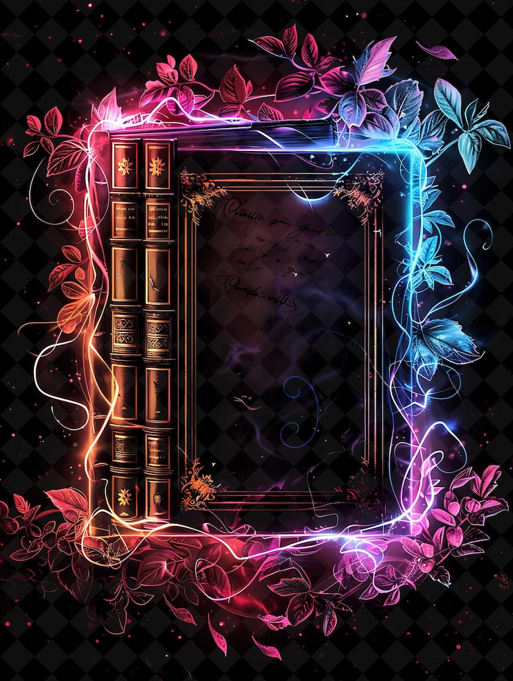 PSD enchanted library arcane frame com livros antigos e magica neon color frame colecção de arte y2k