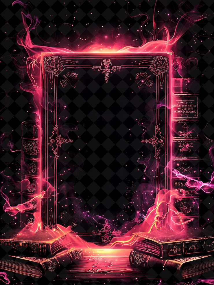 PSD enchanted library arcane frame con libros antiguos y magica neon color frame colección de arte y2k