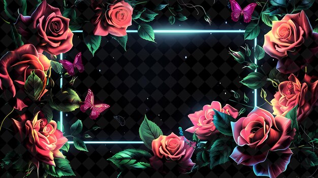 PSD enchanted rose garden arcane frame com rosas em flor e f neon color frame y2k art collection