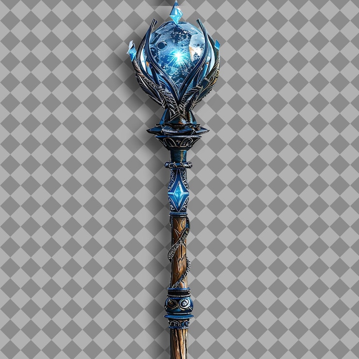 PSD enchanted staff of sapphire blue coronado con un activo de juego png de cristal brillante en un fondo limpio