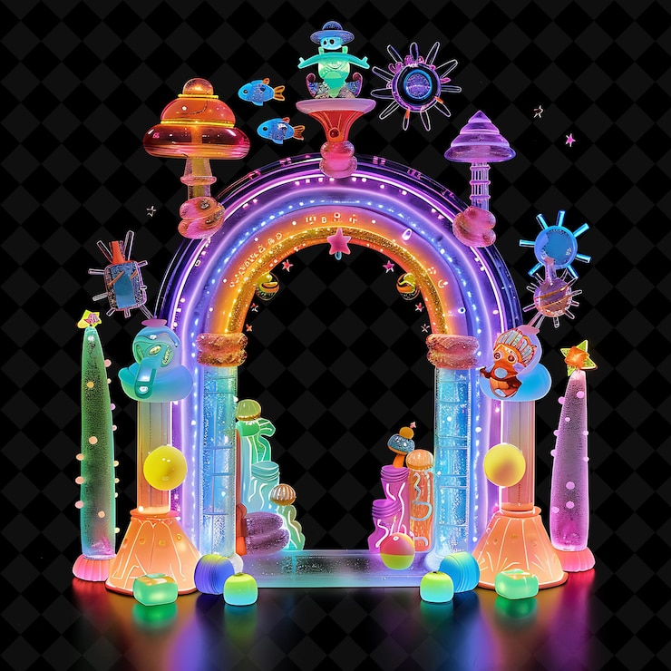 PSD enchanted toyland gateway con diseños lúdicos y caprichosos png y2k colección de colores de neón en forma