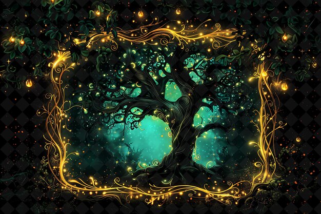 Enchanted tree of life arcane rahmen mit einem majestätischen baum und neonfarbenrahmen y2k kunstkollektion