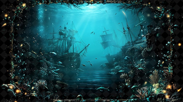 PSD enchanted underwater shipwreck arcane frame avec navire coulé neon color frame collection d'art y2k
