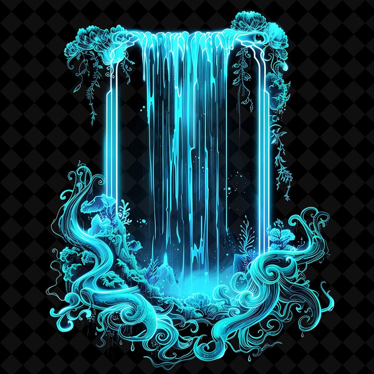 PSD enchanted waterfall arcane frame con agua en cascada y gl neon color frame colección de arte y2k
