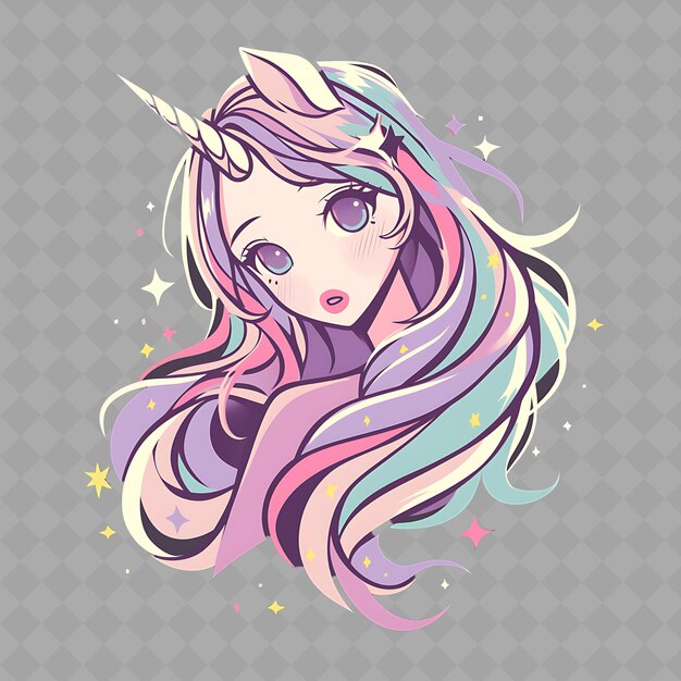 PSD enchanting and magical anime unicorn girl with a horn and ra png creative cute sticker collection (colecção de autocolantes criativos e mágicos de png)