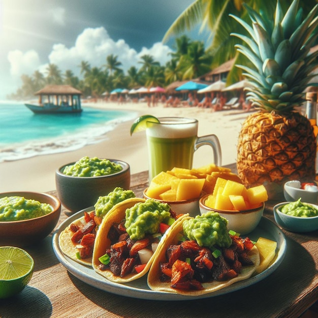 PSD enchilada mexicaine avec guacamole au bar bach dans l'affiche des vacances au coucher du soleil