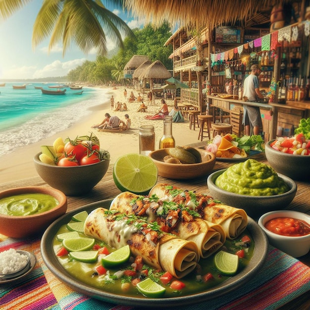 PSD enchilada mexicana com guacamole no bar bach no cartaz de férias ao pôr do sol