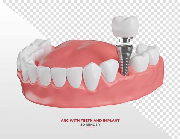 PSD la encía con diente e implante en renderizado 3d con fondo transparente