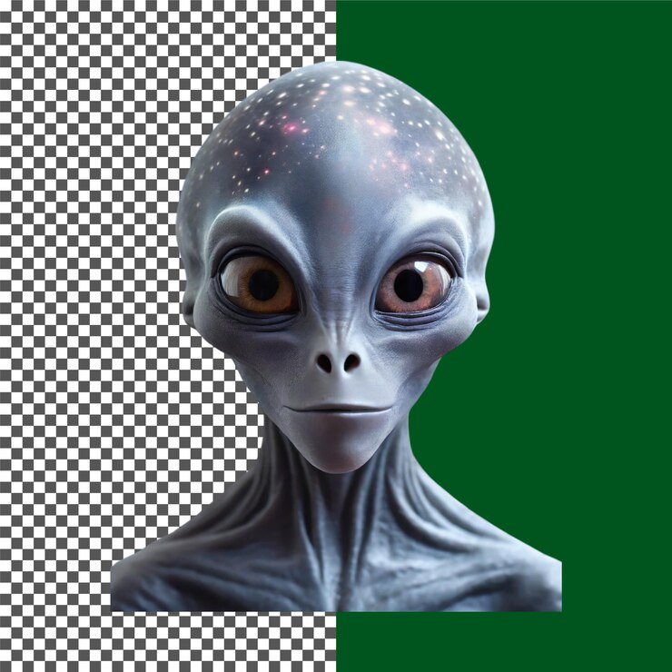 PSD encuentro cercano retrato de alienígena gris diseño de personaje de ciencia ficción caprichoso de una criatura espacial sonriente en