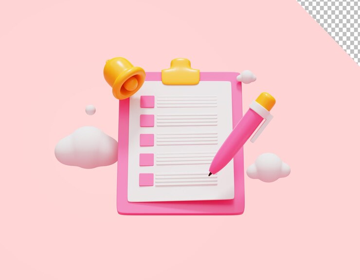 PSD encuesta con marca de verificación en el portapapeles lista de verificación informe aplicación lápiz web icono 3d ilustración