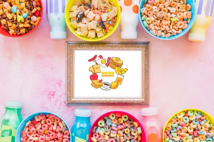 PSD endecha plana de cereales coloridos y marco sobre fondo liso