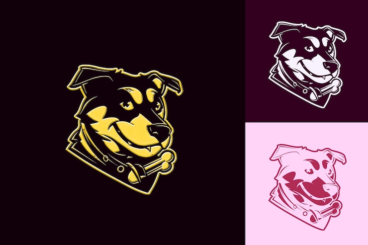 PSD energético logotipo de mascota de perro con un hueso y un collar diseñado con dibujos vectoriales abstractos y lindos
