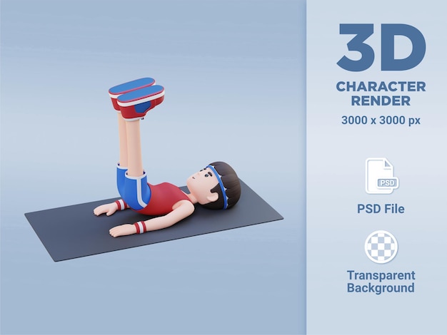 PSD energético personaje masculino deportivo en 3d que participa en el entrenamiento de pulso abs reverse crunch en el gimnasio