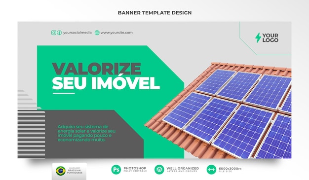 Energia solar de banner em renderização 3d portuguesa para campanha de marketing no brasil